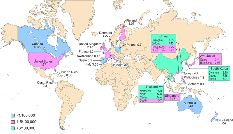 Incidence of cholangiocarcinoma worldwide where reported